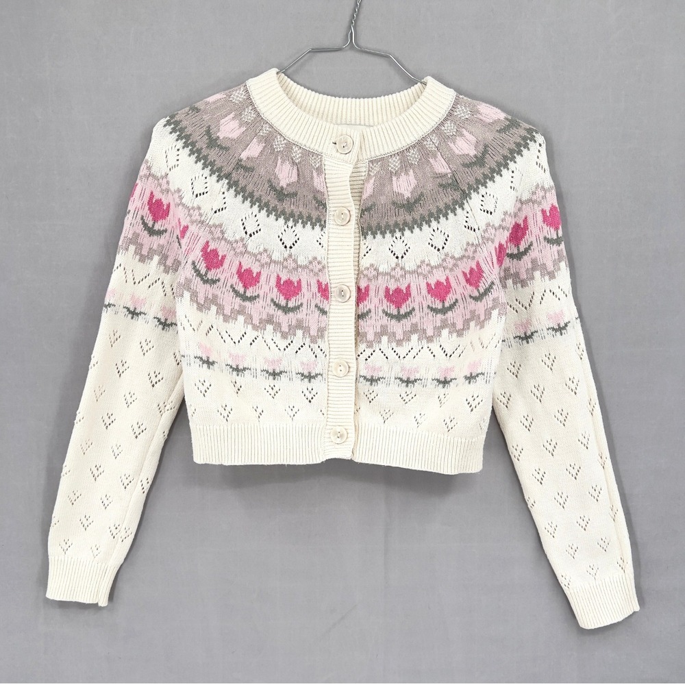 Freshman 1996 Womens S Cardigan Sweater Pink Tulip Fair Isle Cropped Coquette